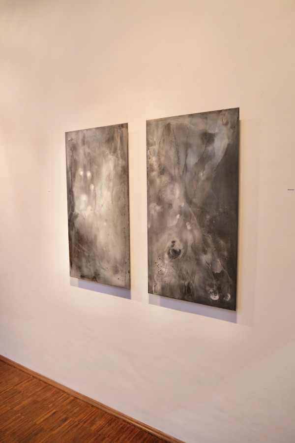 Wesemeyer Kunstwerk 2 Dyptichon No. 501 502 Mischtechnik auf je 52x98 cm Stahlplatte Ulea